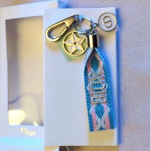 Dior Blue Pink and White Woven Logo Bag Charm with Silver Hardware